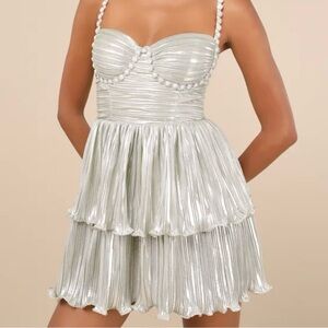 Glorious Shine Champagne Metallic Pearl Tiered Mini Dress